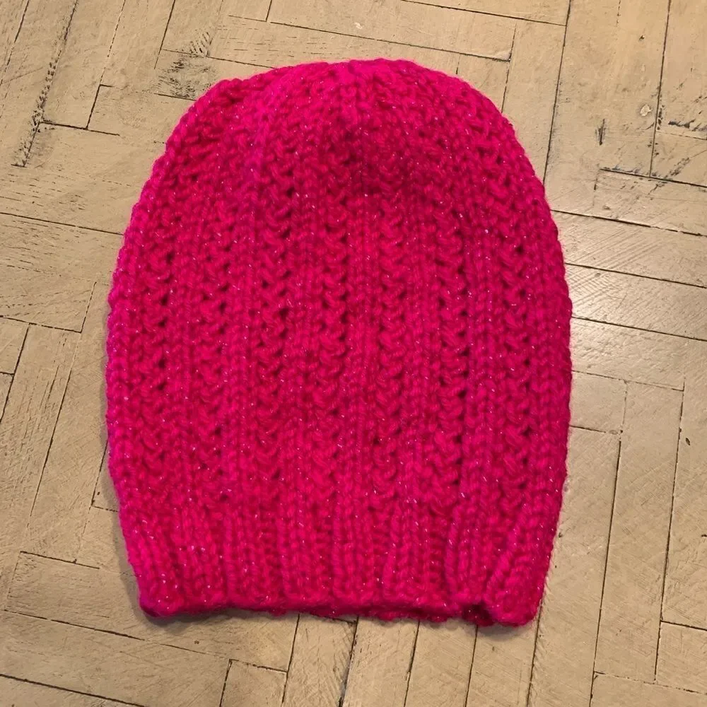 Hand-Knit Metallic Magenta Slouchy Beanie Statement Chunky Cable Shimmer NWT